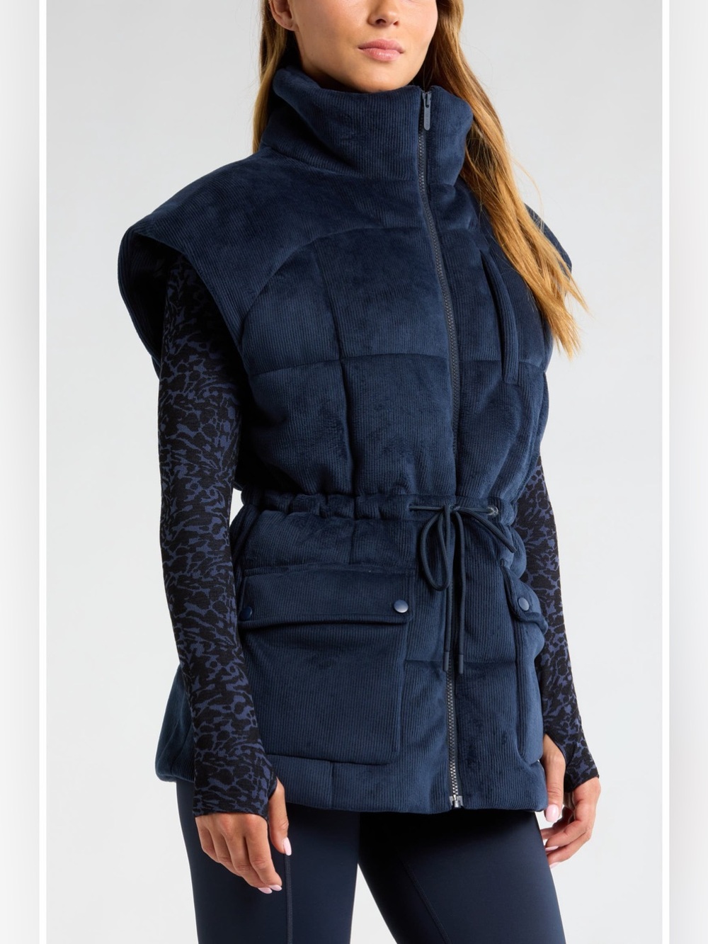 Zella Navy corduroy Zip-Front Vest with Drawstring waist